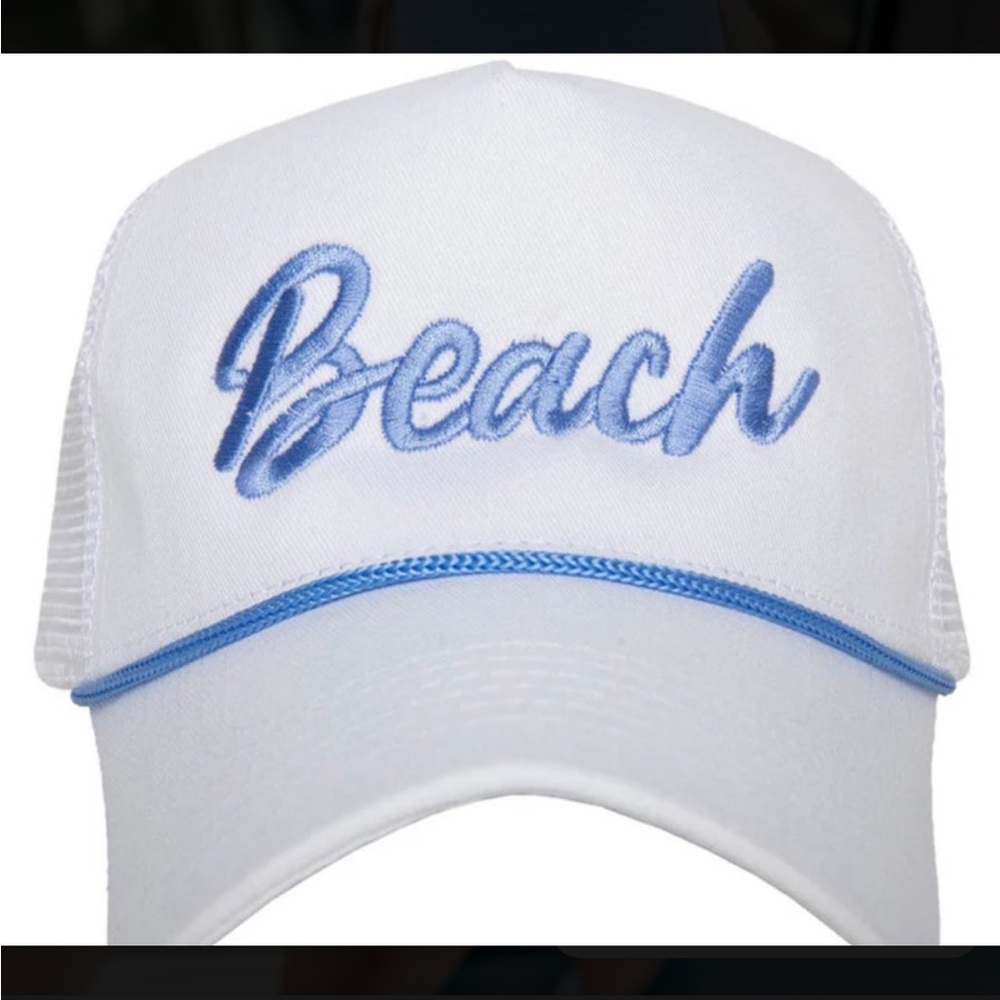 Katydid White and Blue Beach Trucker Hat with Script Design